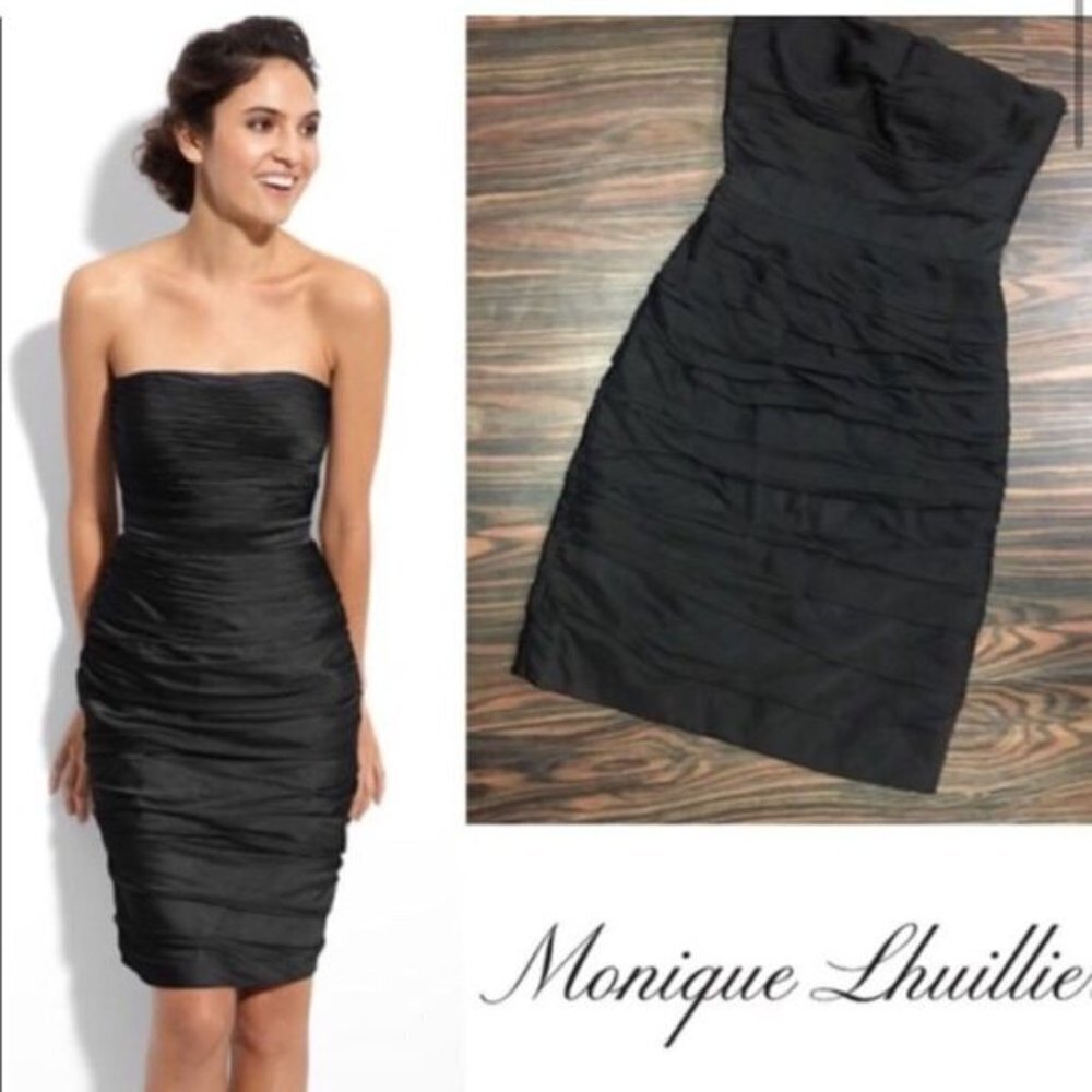 Monique Lhuillier Bridesmaid Ruched Strapless Sheath Pleated LBD Little Black